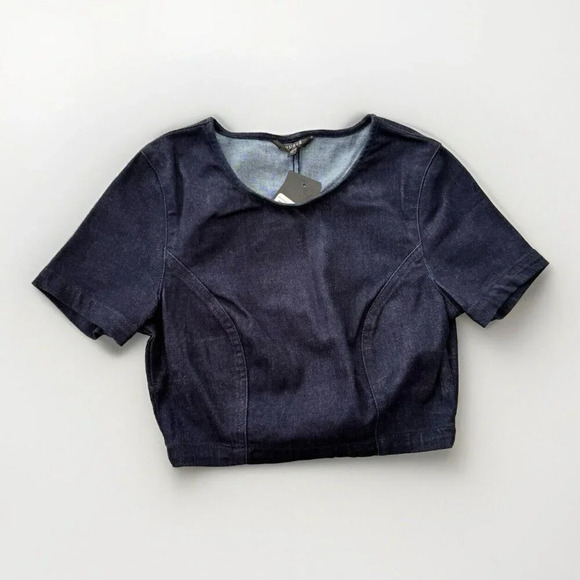 Guess Denim Jean Crop Top Size XS Zip Back Shirt Sleeve Women Y2K - Picture 1 of 7